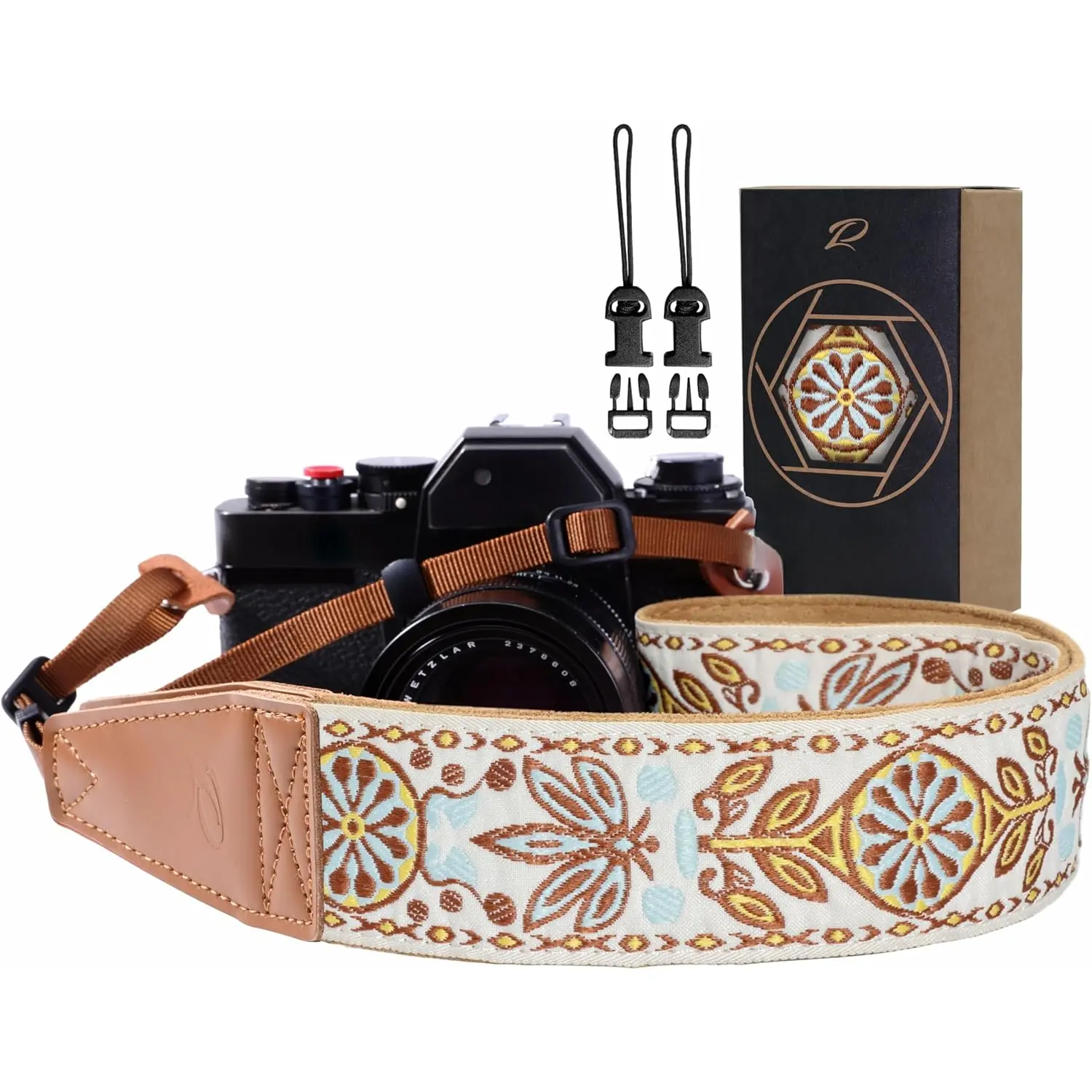 Camera Strap - 2" Full Grain Leather Ends Camera Straps for Photographers,  Embroidered Cotton Weave Soft Suede Fabric Padded Strap Quick Release fits All Cameras