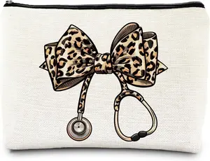 Coquette Leopard Bow Nurse Makeup Bag, Nurse Appreciation Gifts Cosmetic Bags for Women, Nursing Gifts, Nursing Medical Zipper Makeup Pouch Travel Toiletry Bag