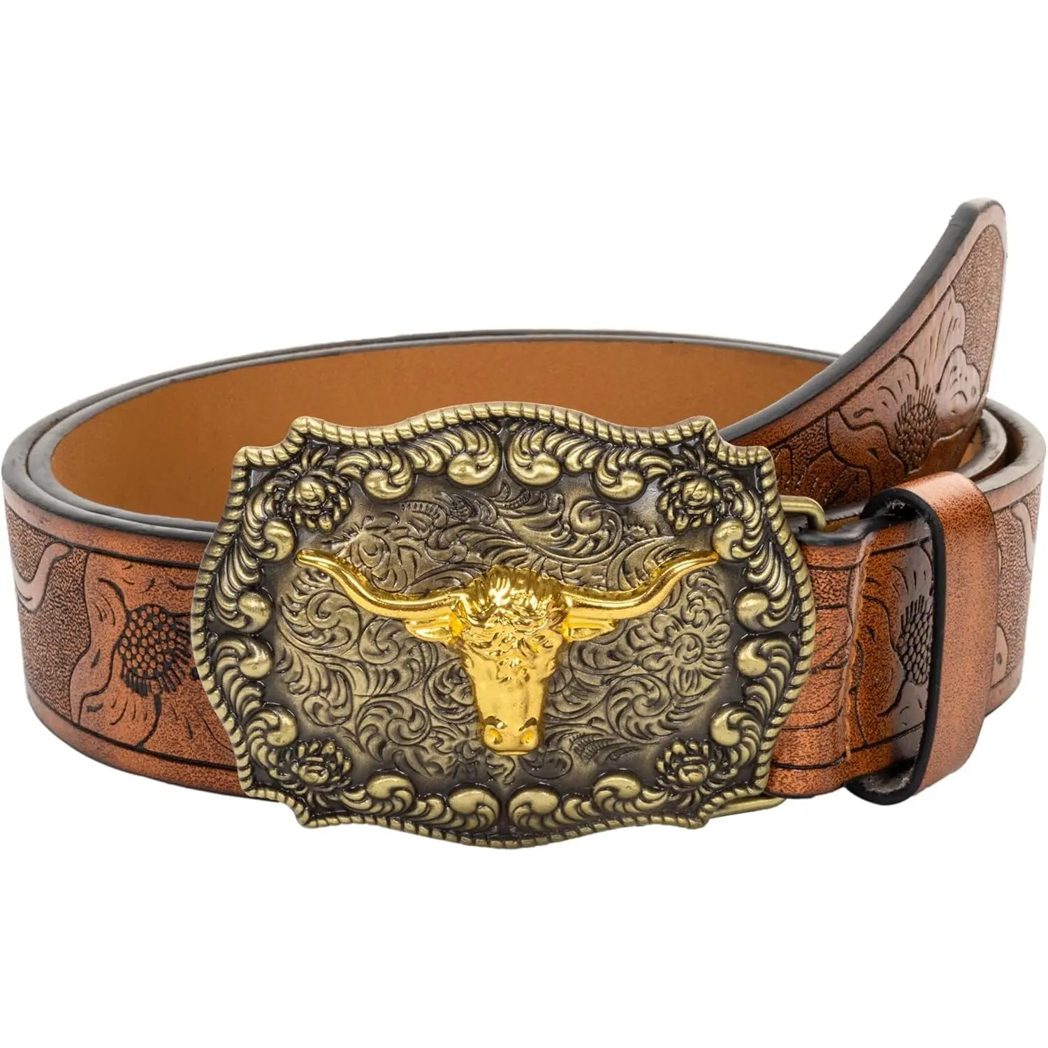 Men's Western Style Cowboy Leather Belt with Longhorn Bull & Floral Engraved Buckle - Casual, Pants, Street Style Accessory for Jeans (33"-42" Waist) Cowgirl Belt, Casual Belt
