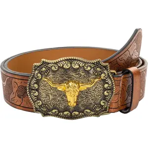 Men-Western-Cowboy-Leather-Buckle-Belts-with-Longhorn-Bull-Floral-Engraved-Belt-Buckle-for-Jeans 33" to 42" Waist