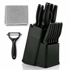 16-Piece Kitchen Knife Set for Chef, Sharp Knife Set with Universal Knife Block, Anti-Rust Kitchen Knife Block Set, (Black) Stainless Steel Cutting，Knife Set with Built-in Sharpener，Dishwasher safe