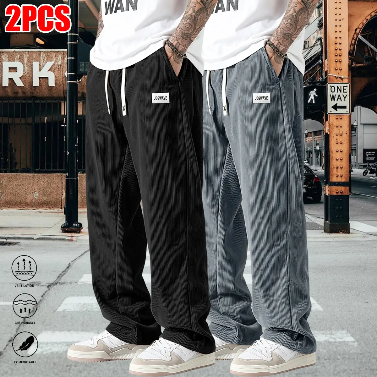 Men's 2-Pack Casual Drawstring-Waist Wide-Leg Pants - Elegant Plain Solid Color, Comfortable Menswear for Sports, Everyday Wear Essential Bottoms