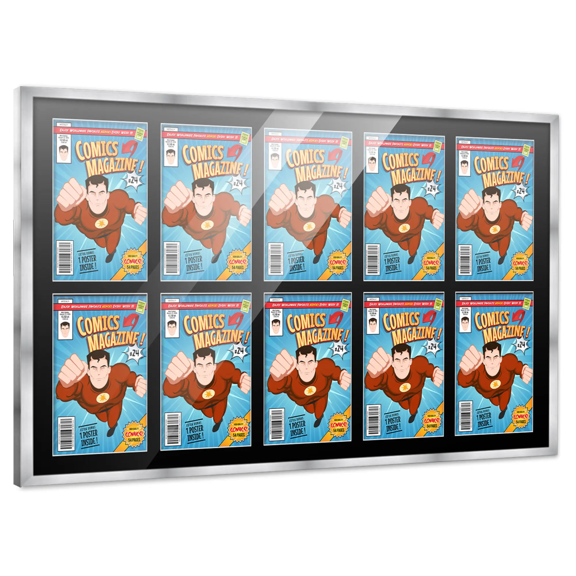 Comic Book Frame with Mat for 10 Current Era Comics Published After 1985 - Silver Wood Comic Frame With Black Mat for 6.875x10.5 Comics - 44x25.75 Frame Size