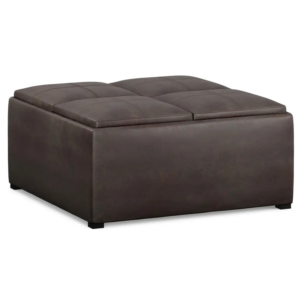 HomeRoots Large Weathered Rustic Brown & Black Leather Upholstered Storage Ottoman Stool - Pine & Plywood-Constructed, Foam-Padded Cushion, Assembly Required, Footstool with Storage, Purposeful Distressing, Party-Ready, Wipe with Dry Cloth, 18.9x35x35 in