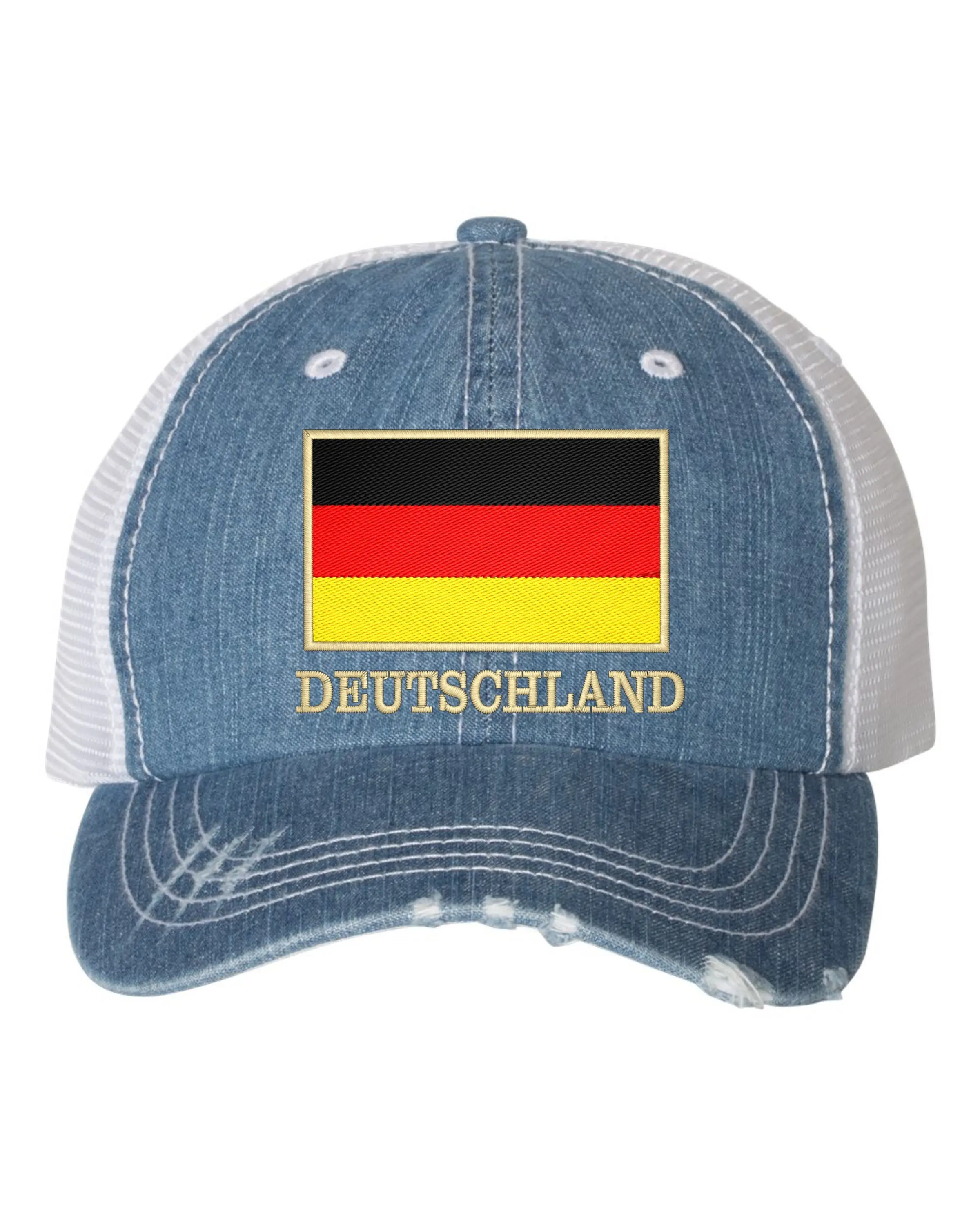 Deutschland Flag With Classy Gold Trim German Pride Embroidered Distressed Trucker Cap