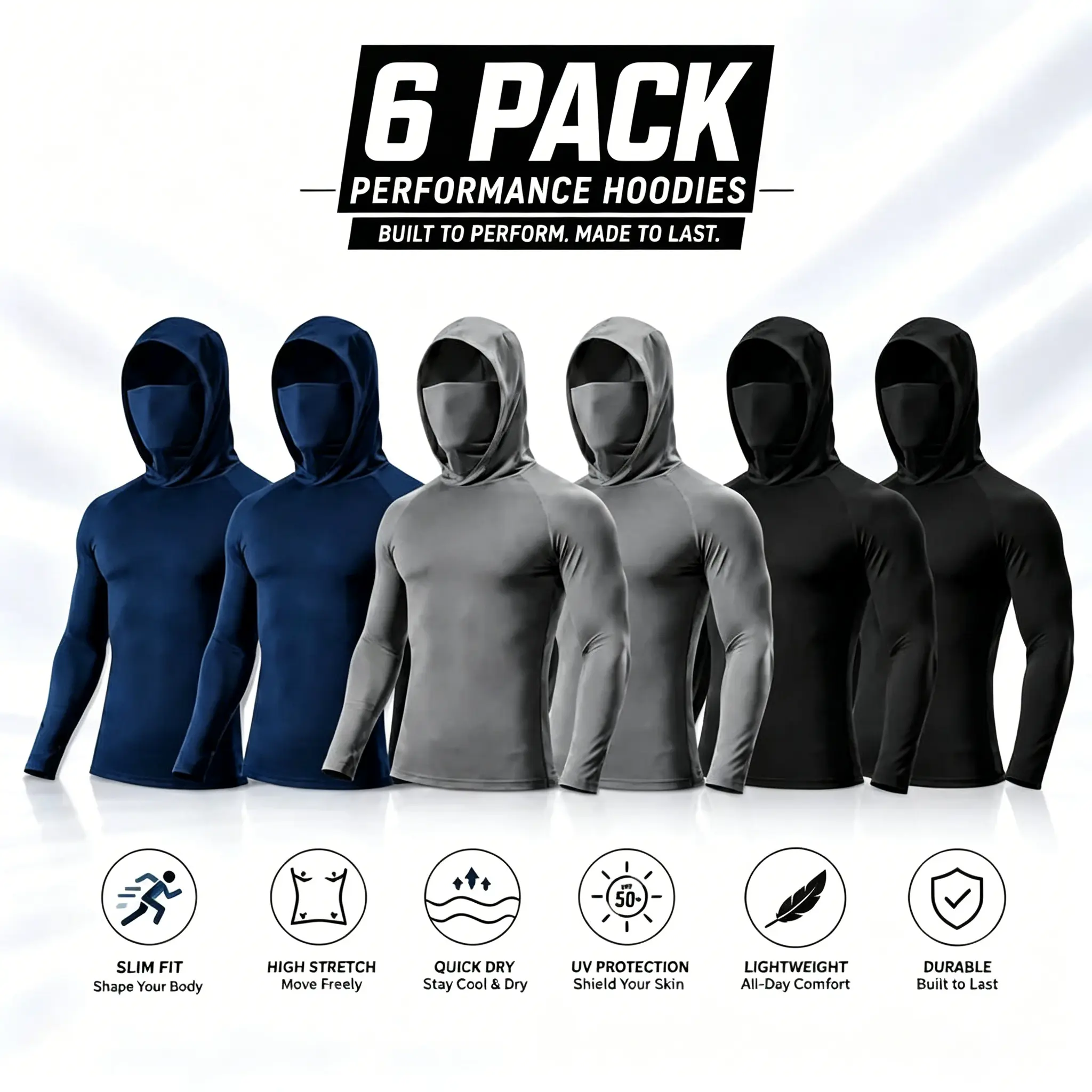 6 Pack Men Slim Fit Performance Hooded Long Sleeve Tops, High Stretch Quick Dry UV Protection Lightweight Compression Shirts for Fishing Construction Outdoor Work