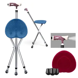 Goplus Adjustable Folding Cane Outdoor Seat Stool Aluminum Alloy Crutch Chair with Light Blue Costway