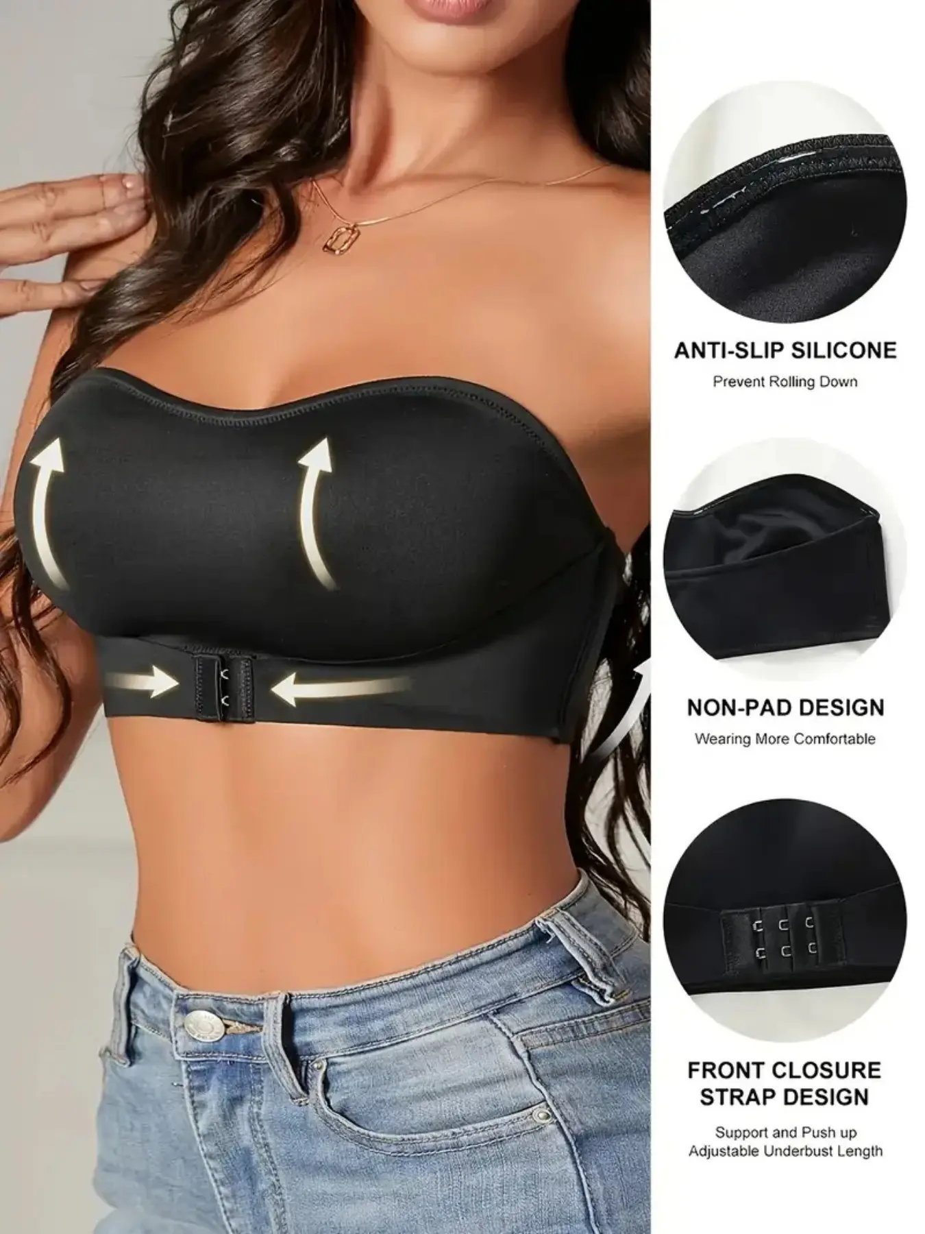 Women's Strapless Push-Up Medium Bralette Underwear, Front Buckle Anti-Slip Elegant Design, Soft Skin-Friendly, Perfect for Daily and Everyday Wear, All Seasons, Non Slip Bra