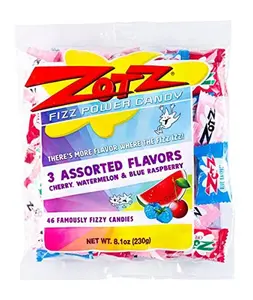 Zotz Fizzy Bulk Candy (Assorted, 46 Units)- Hard Candy Individually Wrapped- Assorted Fruit Flavors, Cherry, Watermelon & Blue Raspberry- From Italy Since 1970