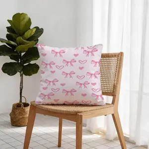 Pink Coquette Bow & Heart Print Throw Pillow with Insert, Cute Pastel Decorative Cushion for Bedroom, Living Room & Office, Great Gift for Girly Room Makeovers & Bow Lovers