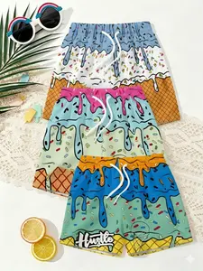 Boys' 3D Printed Beach Shorts, Summer Ice Cream Colorful Print, Three-Piece Set, Perfect for Outdoor Activities, Ideal Gift for Birthdays