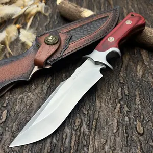 Premium Ergonomic Curved-Blade Kitchen Utility Knife, Red Solid Wood Handle, Hand-Stitched Leather Sheath for Daily Kitchen Use