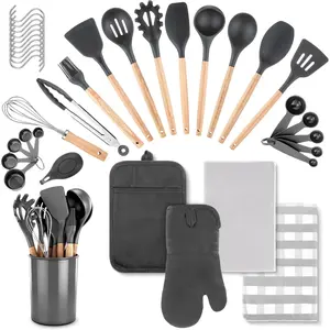 Pcs Oven Mitts and Pot Holders with Silicone Kitchen Utensils Set Silicone Cooking Utensils Set with Holder, Kitchen Towels, Heat Resistant Gloves for Christmas Baking Gray