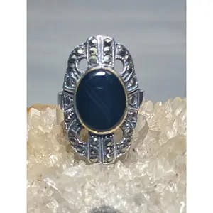 Onyx ring size 6 long Cocktail ring marcasite sterling silver women girls