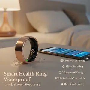 Anillo de salud inteligente: monitoreo de estrés, sueño y ritmo cardíaco, resistente al agua, compatible con iOS y Android, sin cuotas mensuales. Perfecto para el día a día. Talla 8, oro rosa. #SmartRing Wearable smart ring, Devices