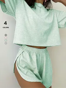 Women's Striped Print Crop Tee & Curved Hem Shorts Loungewear Two-Piece Set, Casual Comfy Short Sleeve T-Shirt & Drawstring Waist Shorts Pajama Set, Ladies Sleepwear for All Seasons