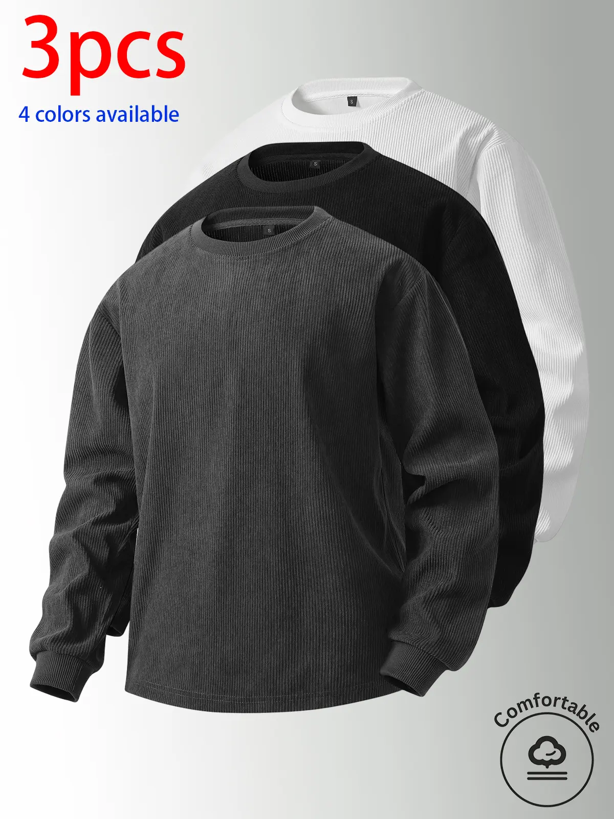 3-pack men’s crewneck sweatshirts, minimalist casual loose-fit tops with long sleeves featuring a vertical textured design and solid basic styles, made from skin-friendly, breathable fabric—ideal for everyday commuting outfits.