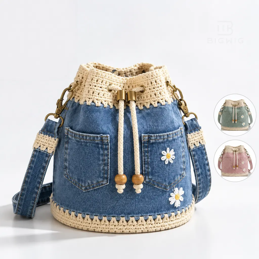 Patchwork Crochet Crossbody Bag Synthetic Fabric Drawstring Bucket Purse with Front Pockets, Lightweight Carryall for Women, Daily Outings, Travel, Gifts, Small Shoulder Bag