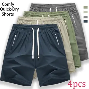 Pack of 4 men’s shorts with zippered pockets, regular fit, casual drawstring waist, breathable athletic design—ideal for  outdoor wear,suitable for  workouts, and perfect for a stylish summer look.  Quick-Dry Elastic Set solid color work short shop deal