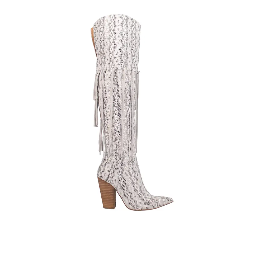 Dingo Womens Kitty Kat Fringe Snip Toe Pull On  Casual Boots Over the Knee High Heel 3" & Up - White