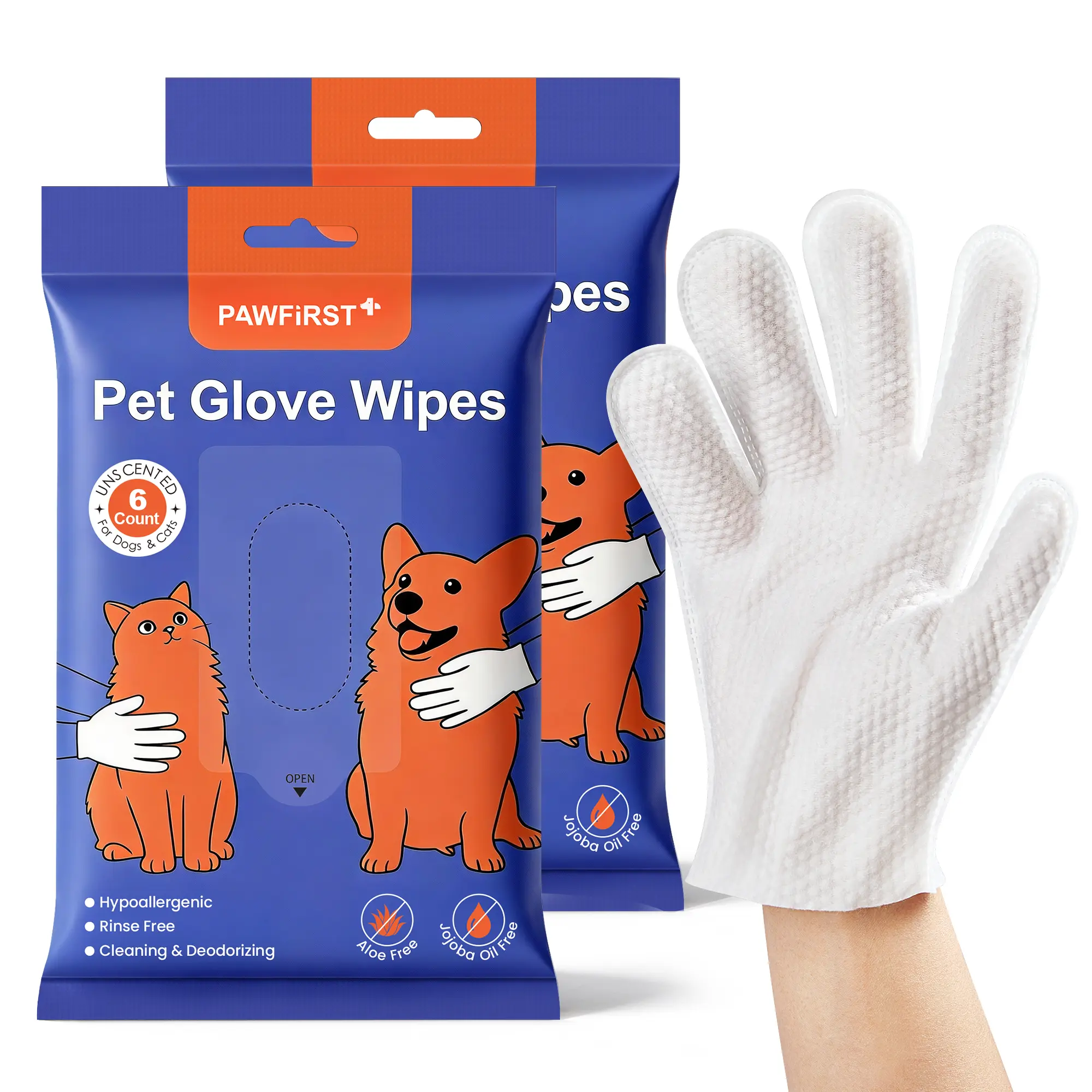 PawFirst 2-Pack Textured Pet Grooming Cleaning Gloves (12 Pcs Total) - 9in No-Rinse Hypoallergenic Plant-Based Paws Cleaner, Travel-Friendly for Daily Grooming, Gentle for All Breeds Dogs & Cats