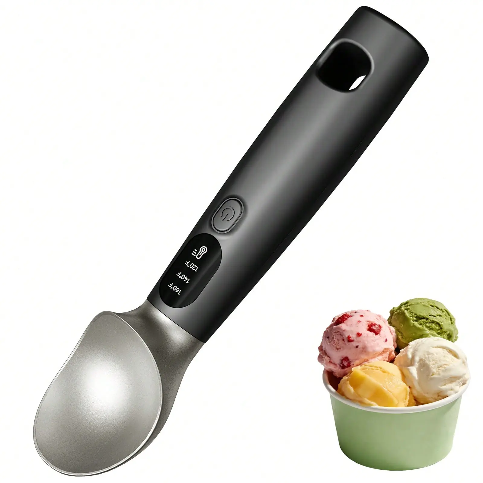 Smart Heated Ice Cream Scoop with 3-Temp Control, Electric Non-Stick Zinc Alloy Scooper, Type-C Rechargeable