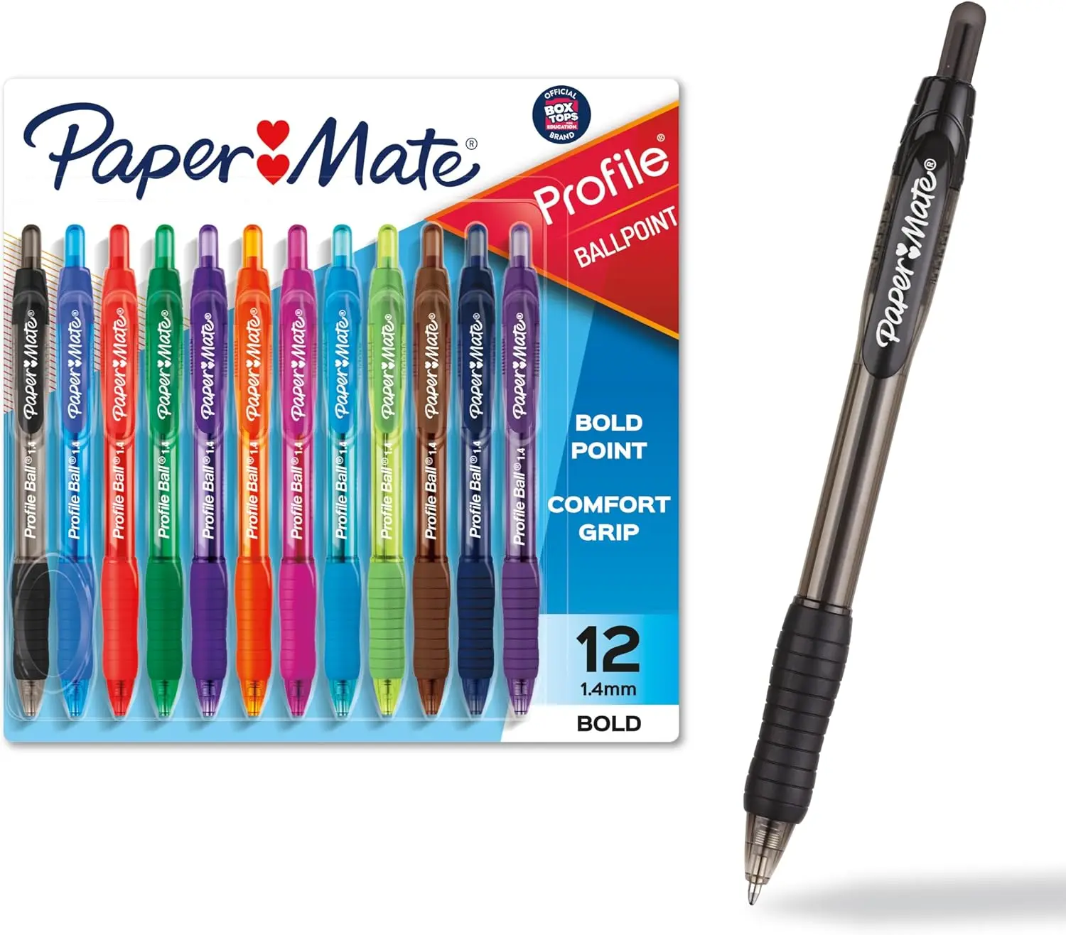 Paper Mate Profile Retractable Ballpoint Pens, Bold 1.4mm Tip, Assorted Colors, Smooth Writing Pens, Soft Comfort Grip, Quick Dry Ink, Click Pens, School Supplies, Office Supplies, Teacher Supplies, Journaling, Note Taking, 12 Pack
