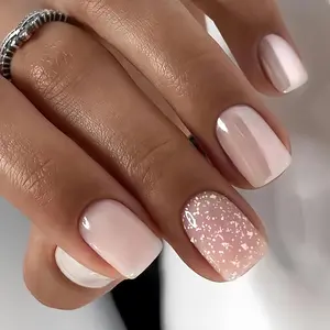 Short Press on Nails Almond Acrylic Fake Nails Kit with Glue, Flower Glitter Design Fall Press on Nails Natural Fit Nail Art Kit 24Pcs, Pink Flower