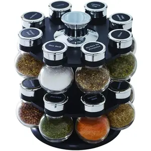 16 Jar Revolving Countertop Spice Rack with Lift &amp; Pour Caps and Spices Included, FREE Spice Refills for 5 Years: Black and Chrome