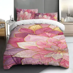 Three-piece bedding set - 2pcs/3pcs 2D Flat Spring Pink Purple Gold Leaf Floral Pattern Duvet Cover Set (1 duvet cover + 1/2 pillowcases, no insert), multi-color printed bedding set, soft and comfortable, suitable for family bedrooms and guest rooms.