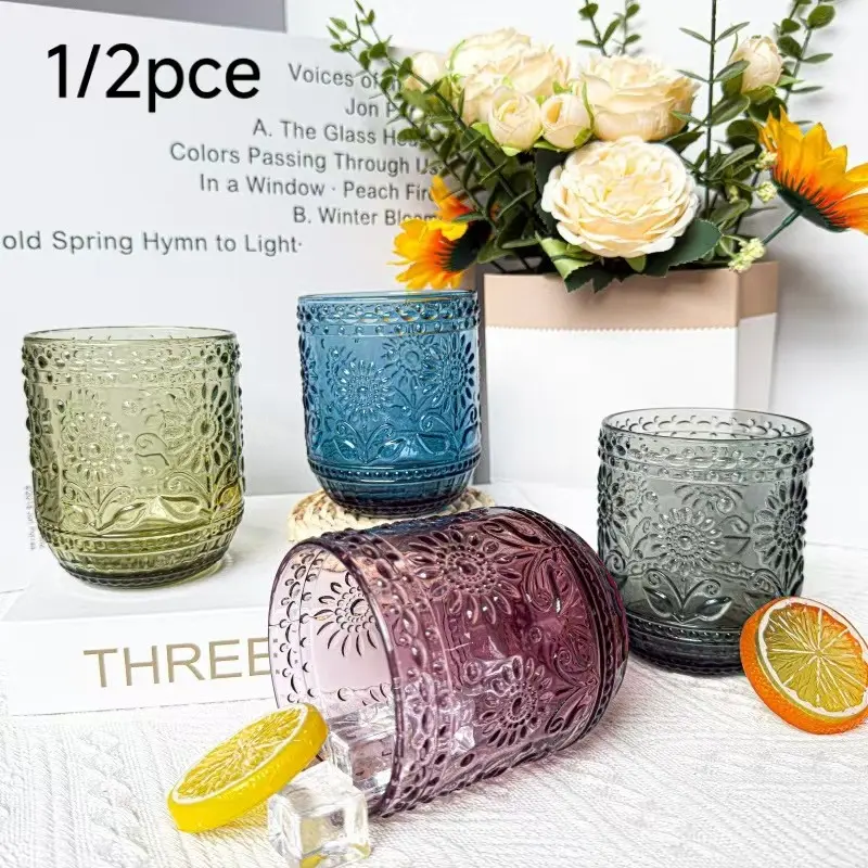 1/2 Pcs 12oz Vintage Green Drinking Glasses, Embossed Sunflower Floral Design Glassware, Food-Safe Durable Retro Drinkware, Drinking Glasses Set, Ideal for Juice, Wine, Cocktail, Housewarming, Holiday Gift & Home Bar Kitchen Use