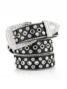 Women's rhinestone wide leather belt with rhinestone embellishments, fashionable and versatile denim belt, street style, Y2K, hip-hop, casual wear, Rhinestone Decorated Belt
