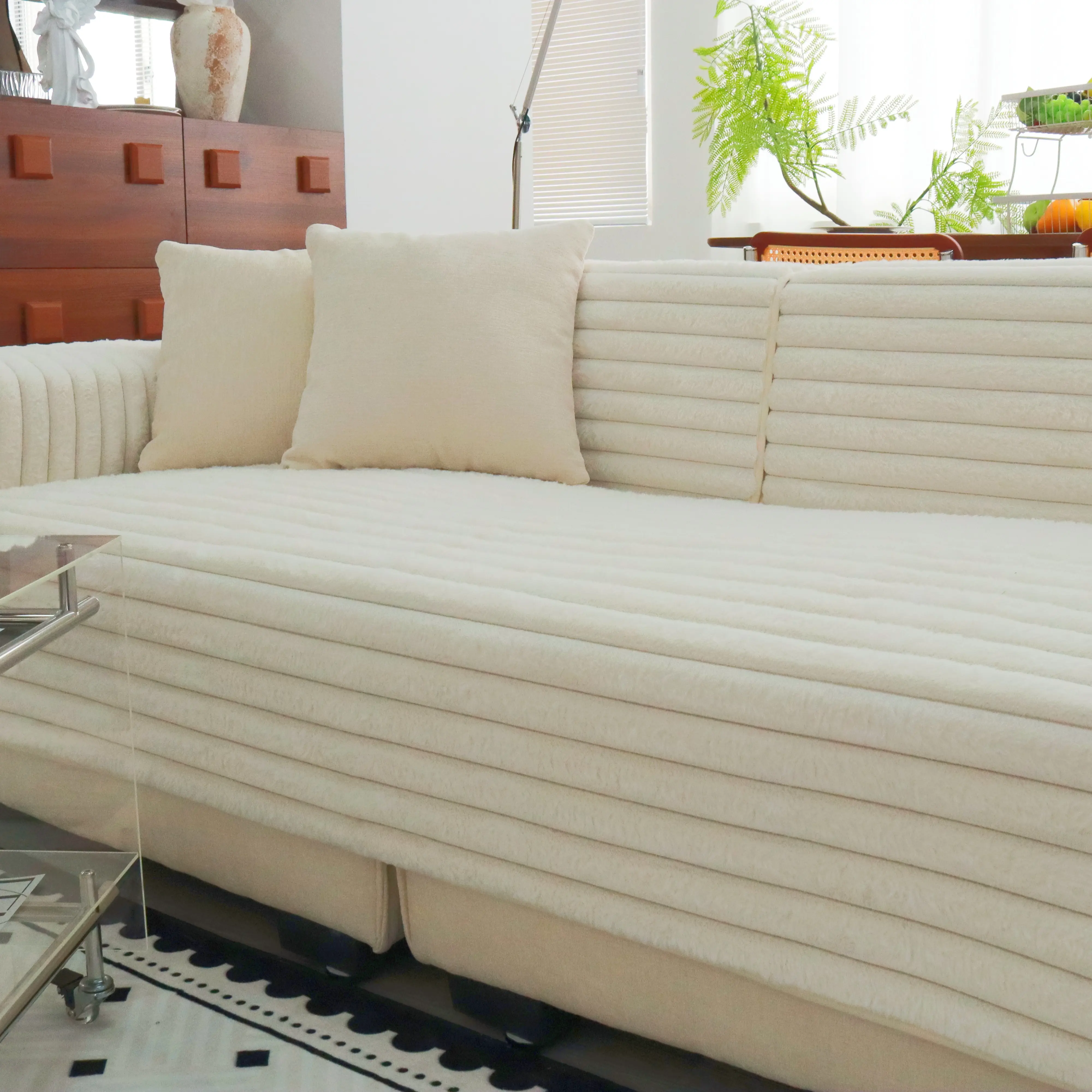 【MeridianHome】Elastic Wrinkle-Resistant Plush Fabric Sofa Slipcover, Anti-Slip Grip Reusable Furniture Protector with Decorative Stripes, Solid Color Sofa Cushion Cover & Soft Pillow Case for Living Room Household Textile Accessory