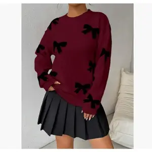 NewWomen's Bow Print Drop Shoulder Sweater, Casual Comfortable Chic Cozy Long Sleeve Round Neck Jumper for Fall & Winter, Sweater for Women, Fashion Ladies' Knitwear for Daily Wear, Preppy 80s Clothes