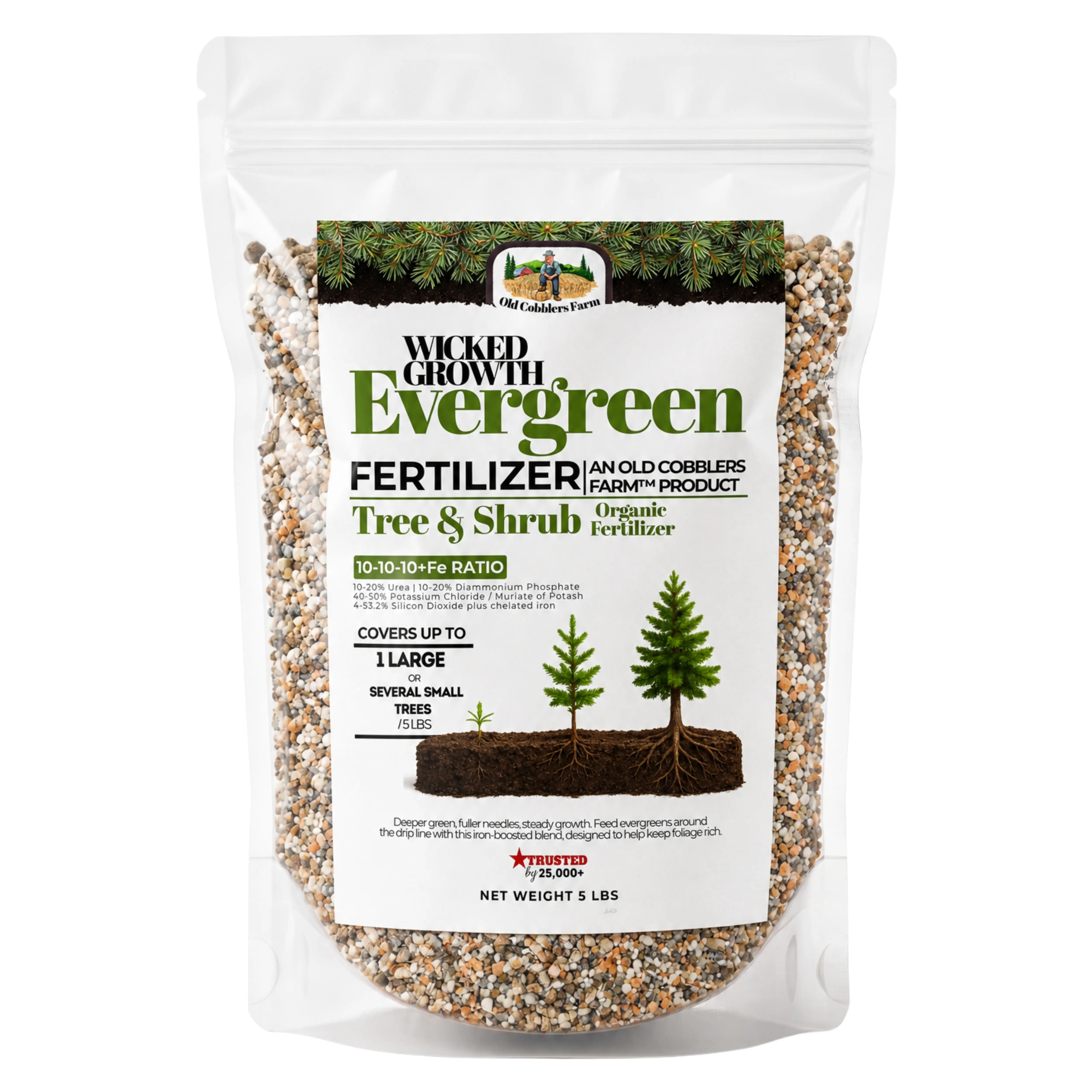 Old Cobblers Farm Wicked Growth Evergreen with Iron Fertilizer, Balanced Granular Plant Food with Added Iron for Pines, Spruces, Cedars, Arborvitae, Holly, Boxwood, Rhododendron and Azalea, Hedge and Tree Feed