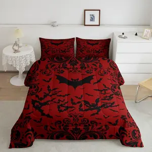 Halloween Bat Bedding Set,Red Black Gothic Comforter Set,Men Room Decor Goth Damask Bats Bedding Comforter Sets,Halloween Animal Bed Duvet Set
