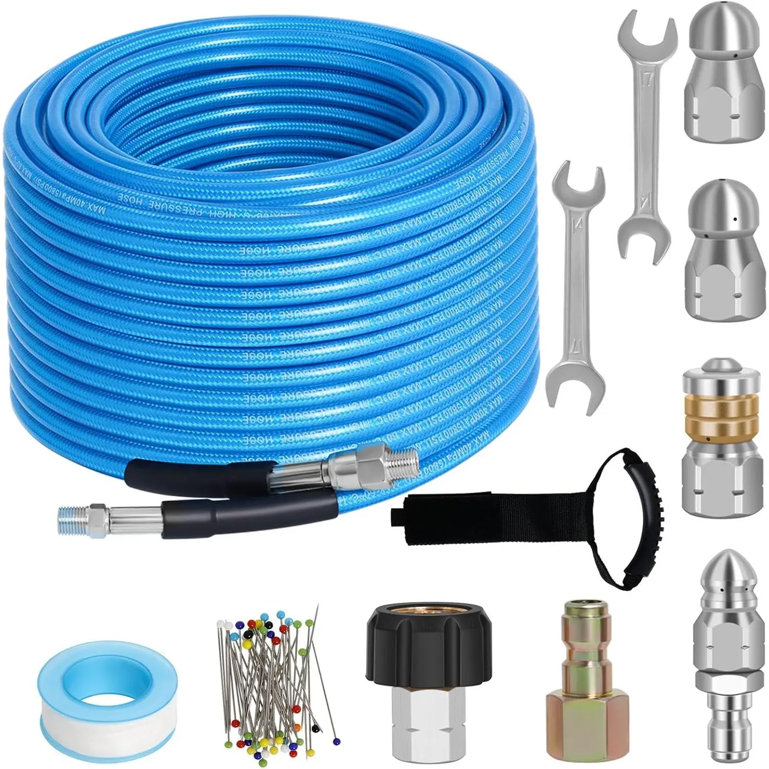 Sewer Jetter Kit 100 FT 5800PSI Water Jet Drain Cleaner Hose 1/4 Inch NPT Corner with 4 Nozzles Corsage Pin Tape Handle Strap & 2 Spanner Blue