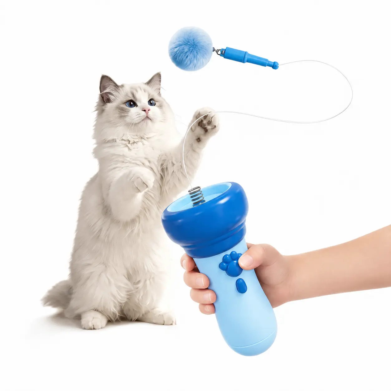 Electric Cat Teaser Toy with Fluffy Pom Balls, Interactive Handheld Cat Wand Toy for Indoor Cats and Kittens
