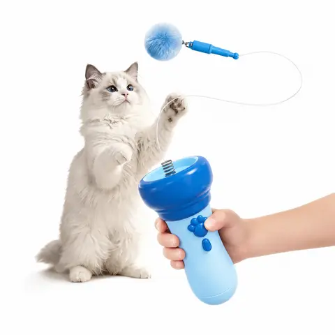 Electric Cat Teaser Toy with Fluffy Pom Balls, Interactive Handheld Cat Wand Toy for Indoor Cats and Kittens
