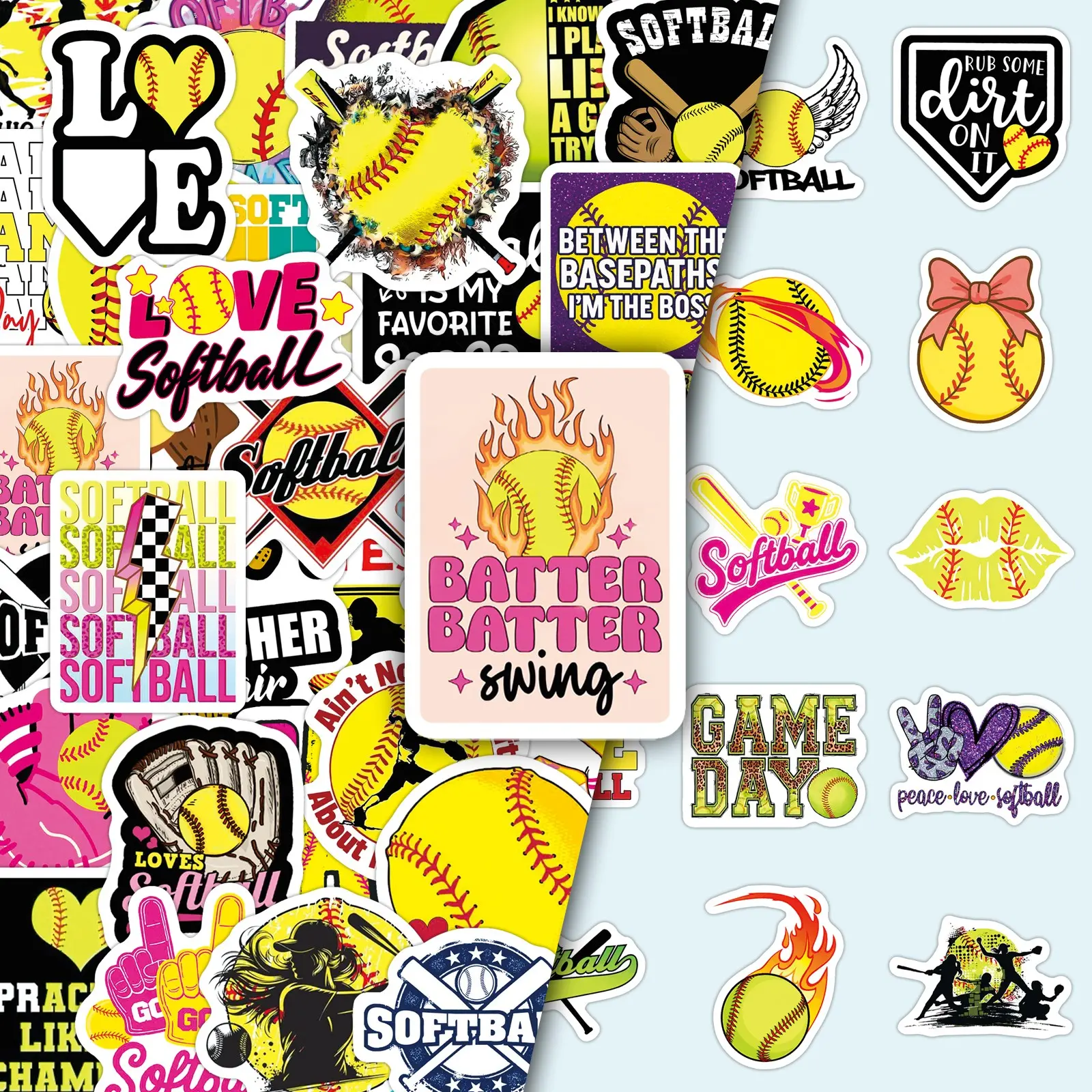 50pcs Softball Sports Hobby Creative DIY Decorative Die Cut Stickers for Scrapbook Luggage Skateboard Adhesive Decals Sticker Collage Pack Decoration Sticker