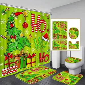 1/4pcs Christmas interesting green Christmas tree pattern design, exquisite shower curtain set, non-slip floor mat, U-shaped carpet, toilet lid cover, for bathroom decoration, partition, beautify the space, Bathroom Decoration Accessories