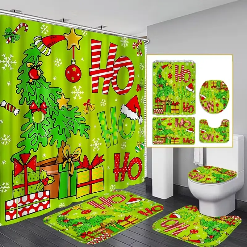1/4pcs Christmas green Christmas tree pattern design, shower curtain set, Bathroom Shower Curtain Sets, non-slip floor mat, U-shaped carpet, toilet lid cover, for bathroom decoration