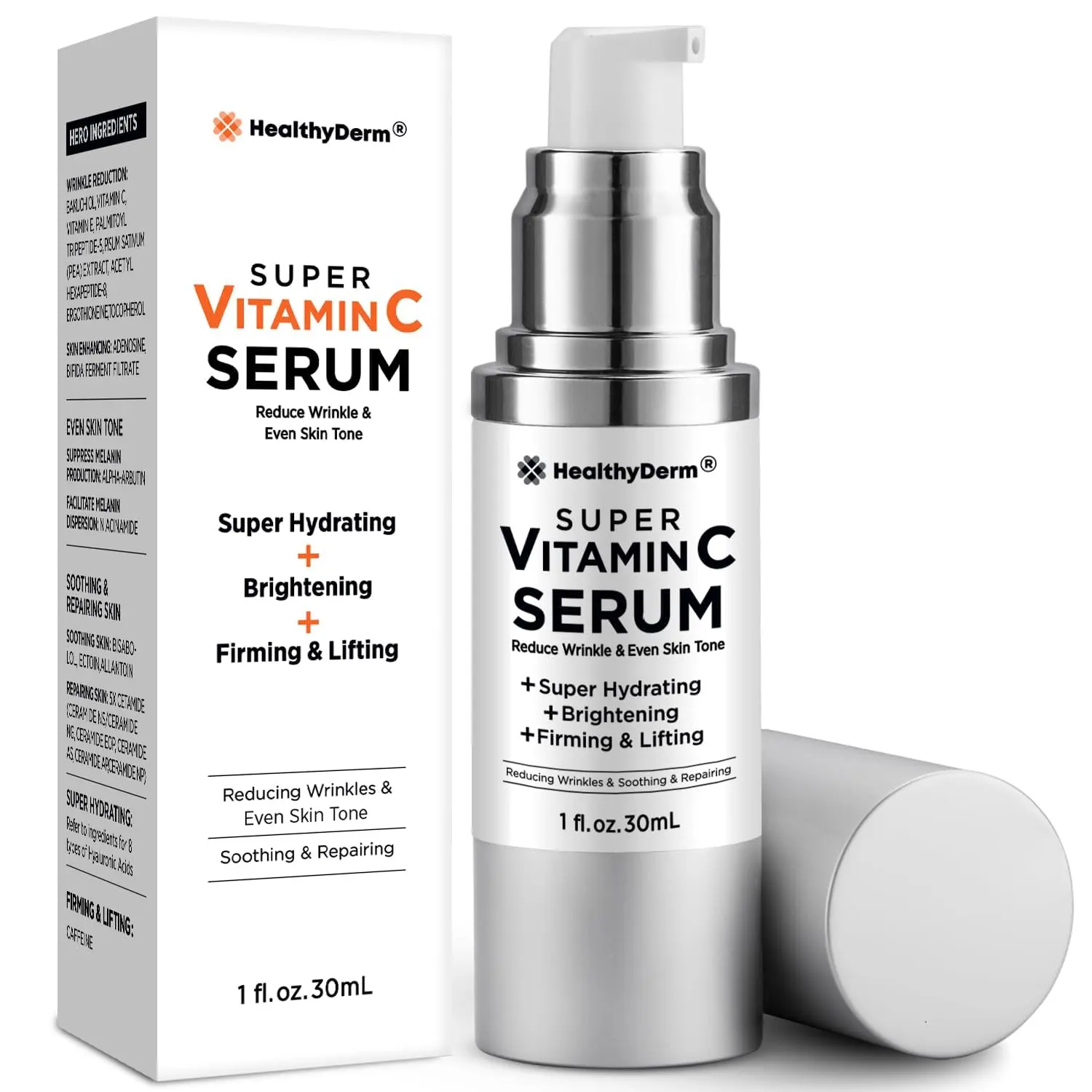 Super Vitamin C Serum for Women: Vitamin C & E, Hyaluronic Acid, Caffeine, Hydrating, Lifting, Face Wrinkle & Spots Reduction, Anti-Aging Skincare