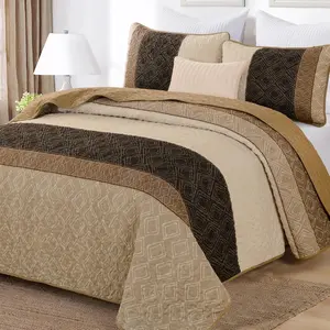 Quilt Set Striped Plaid Bedspread Coverlet Set, Light Brown Soft Microfiber Bedding Set with 2 Pillow Shams 96"x90"