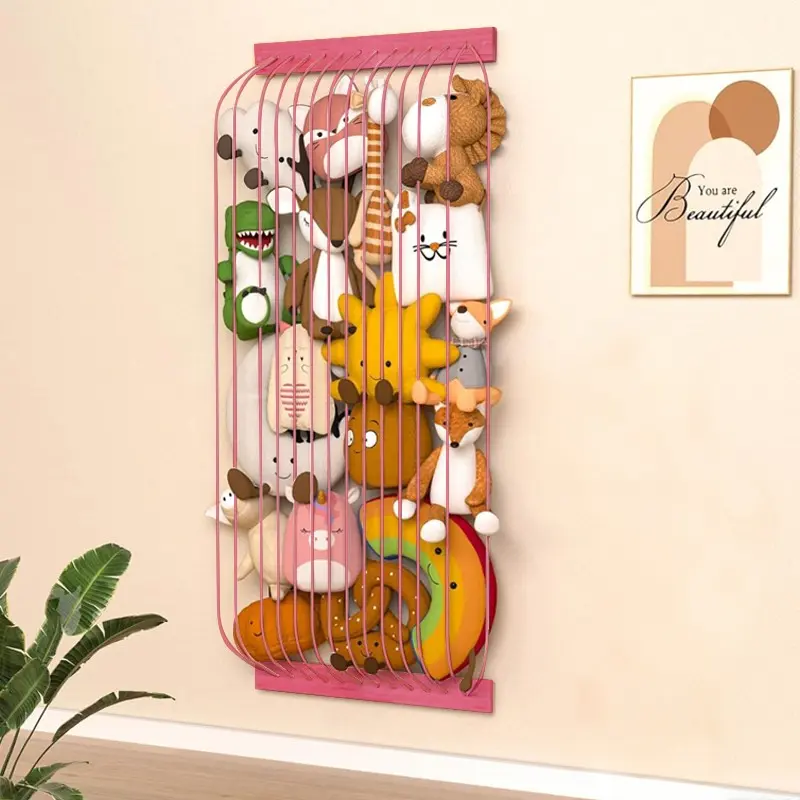 Adjustable length wall mounted wooden doll and plush toy storage rack - Space saving organizer for rooms, daycare centers, and game rooms - Durable unfinished wood design, toy storage box
