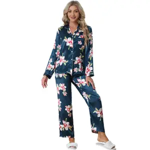 cheibear Women's Satin Silky Button Down Long Sleeve Sleepshirt with Pants 2 Pcs Pajama Set Navy Blue X-Small