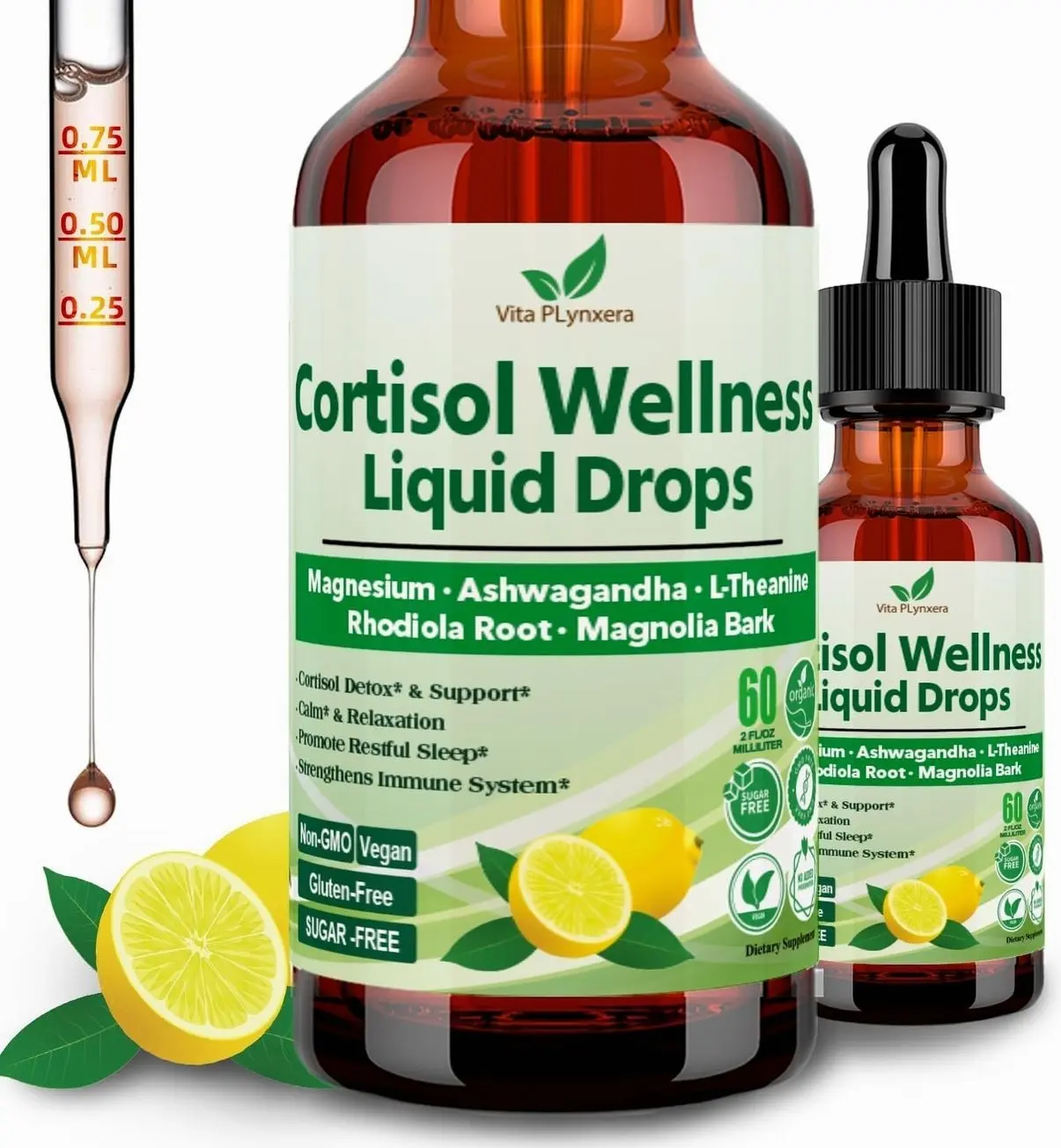 2 Pack Cortisol Supplement Liquid Drops, 17-in-1 Cortisol Detox