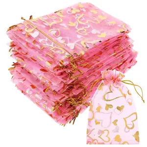 Heart Pattern Organza Gift Bag, 300pcs/set Clear Candy Cookie Jewelry Gift Bag with Drawstring, Gift Wrapping Supplies for Wedding Birthday Party, Party Favor