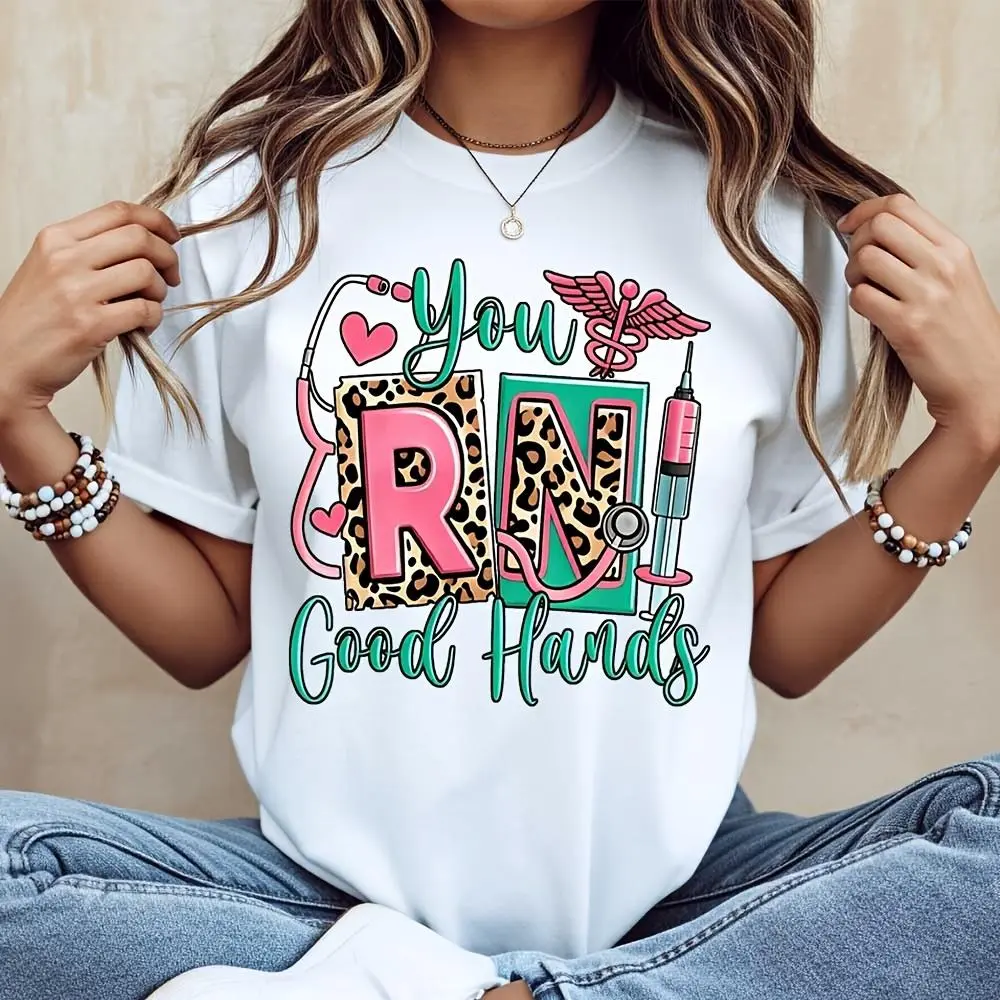 You Rn Good Hands Leopard Print Stethoscope Syringe Graphic T-Shirt, Nurse Appreciation Week Medical Career Gift, Hospital Workwear Casual D