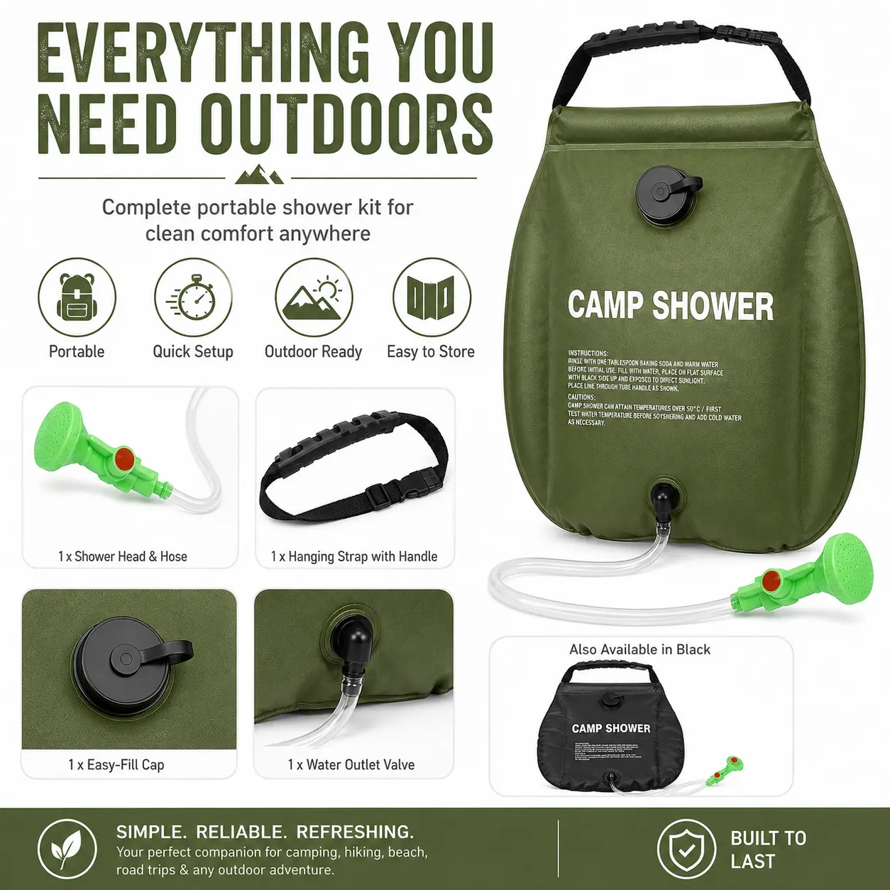 Portable 5 Gallon Solar Heated Camping Shower Bag, Personal Care Shower Bag with Removable Hose & Switchable Shower Head for Outdoor Travel, Climbing, Hiking, Portable Showers
